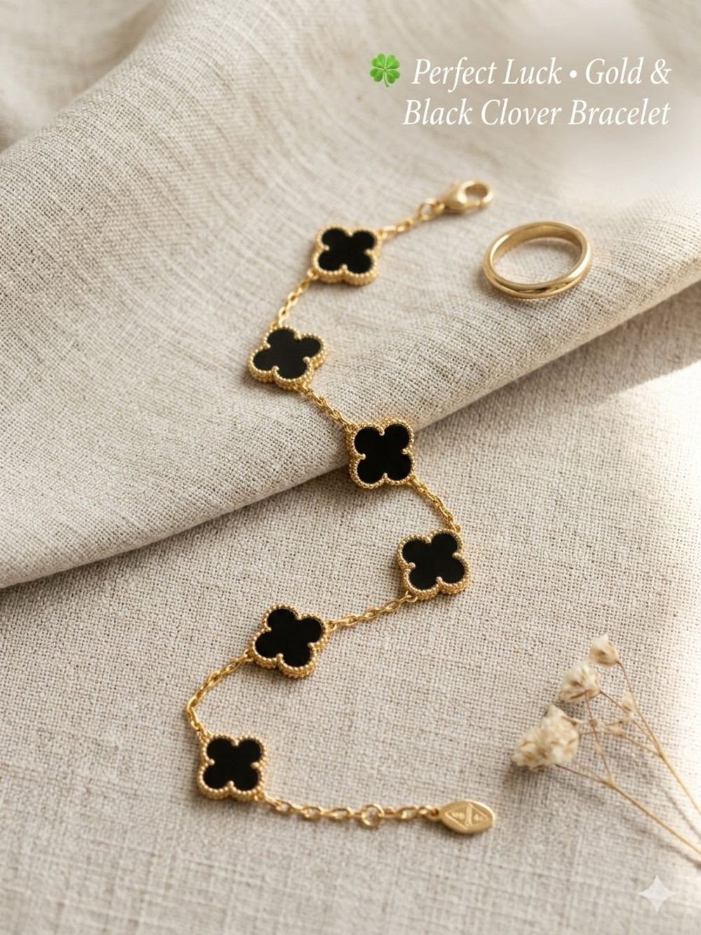 Gold & Black 5 Motif Clover Chain Bracelet | Stainless Steel | 7.5" + Extender